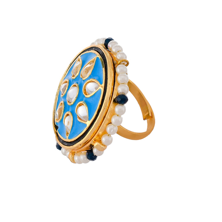 DASTOOR Women Gold-Plated Blue Kundan-Studded Finger Ring