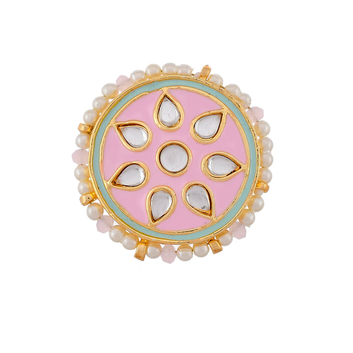 DASTOOR Women Gold-Plated Pink and White Kundan-Studded Adjustable Finger Ring