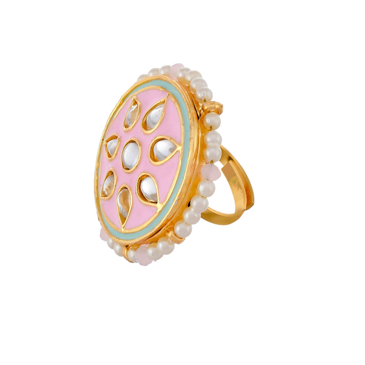 DASTOOR Women Gold-Plated Pink and White Kundan-Studded Adjustable Finger Ring
