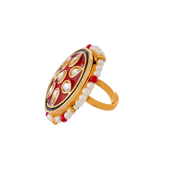DASTOOR Gold-Plated White  Red Kundan Studded Meenakari Adjustable Finger Ring
