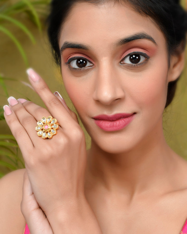 DASTOOR Gold-Plated White  Pink Kundan-Studded Adjustable Finger Ring