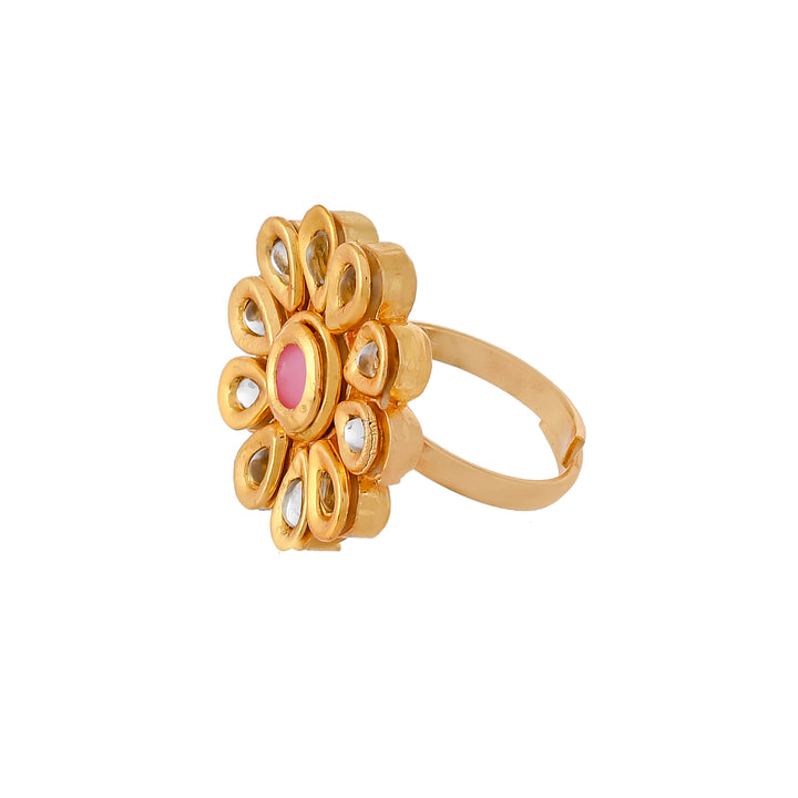 DASTOOR Gold-Plated White  Pink Kundan-Studded Adjustable Finger Ring