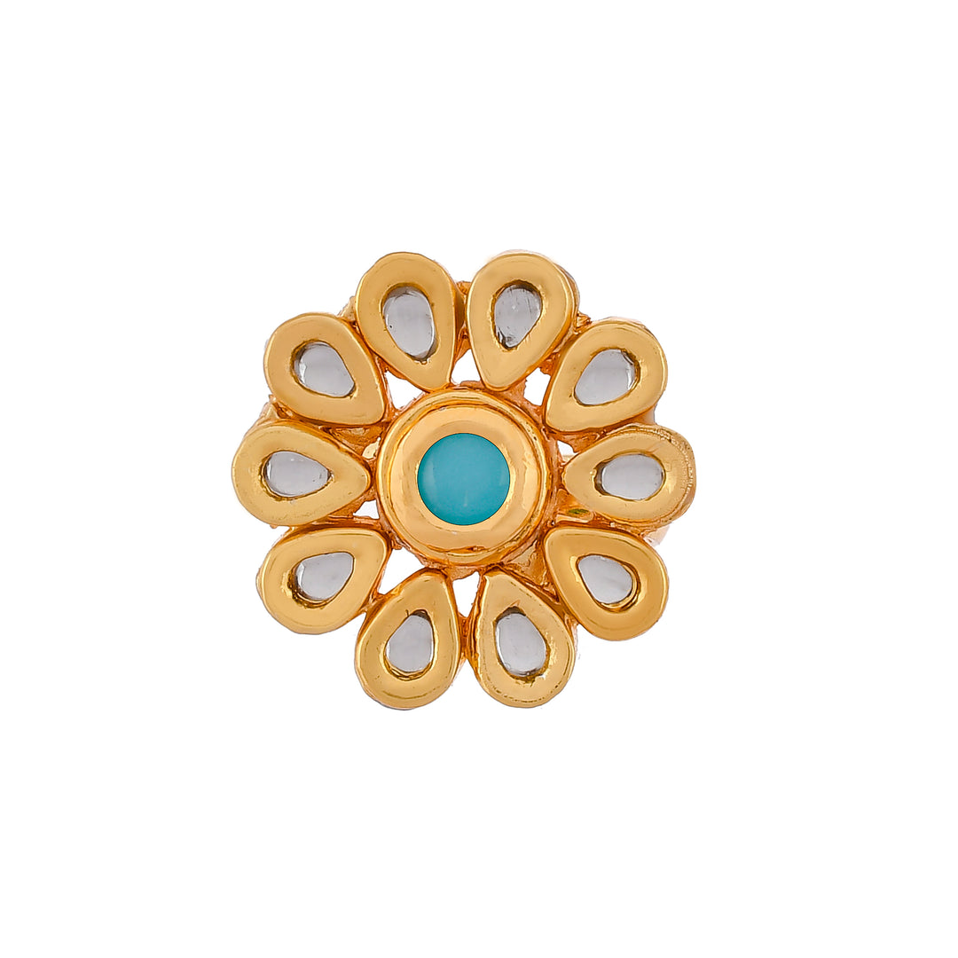 DASTOOR Gold-Plated Sea-Green Kundan-Studded Meenakari Finger Ring