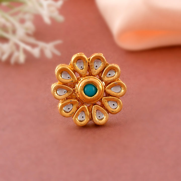 DASTOOR Gold-Plated Sea-Green Kundan-Studded Meenakari Finger Ring