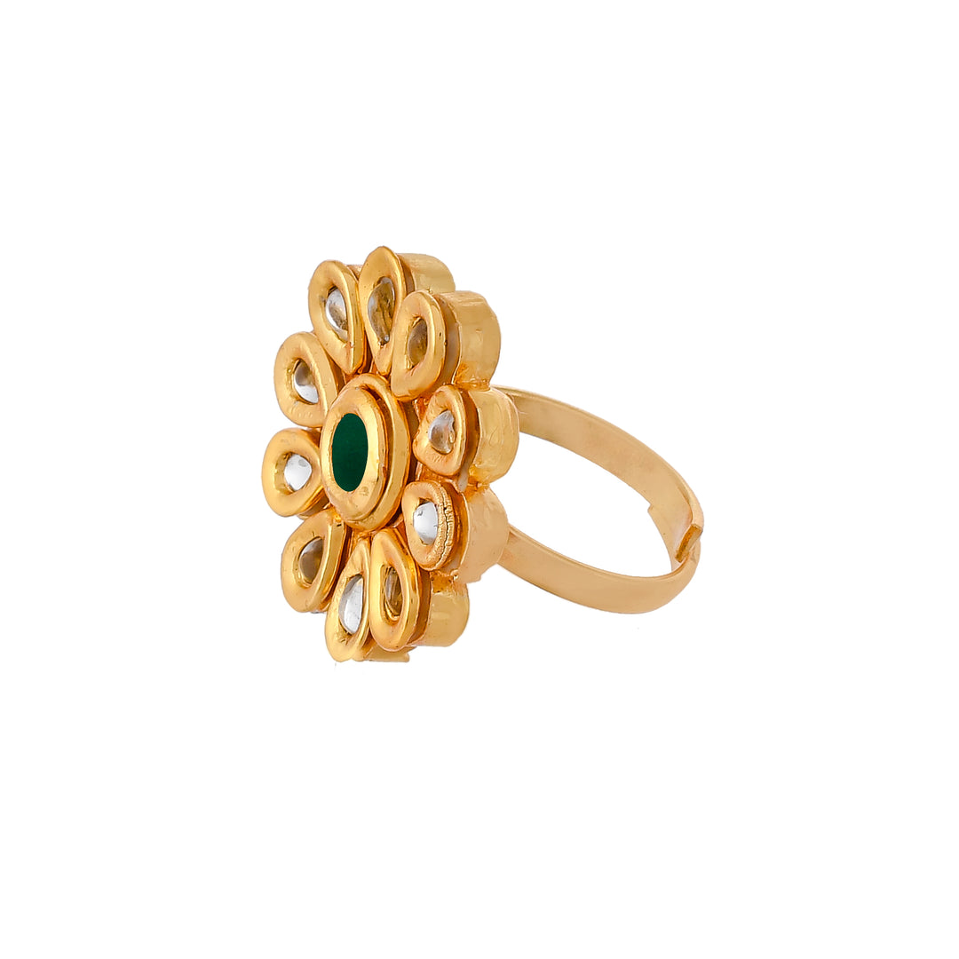 DASTOOR Gold-Plated White  Green Kundan Studded Adjustable Ring