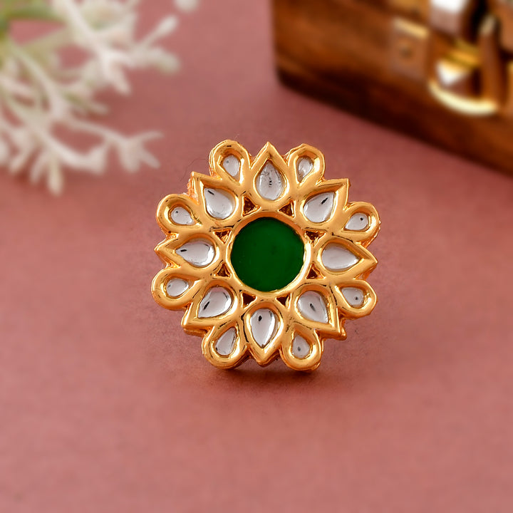 DASTOOR Gold-Plated White  Green Kundan-Studded  Beaded Adjustable Finger Ring