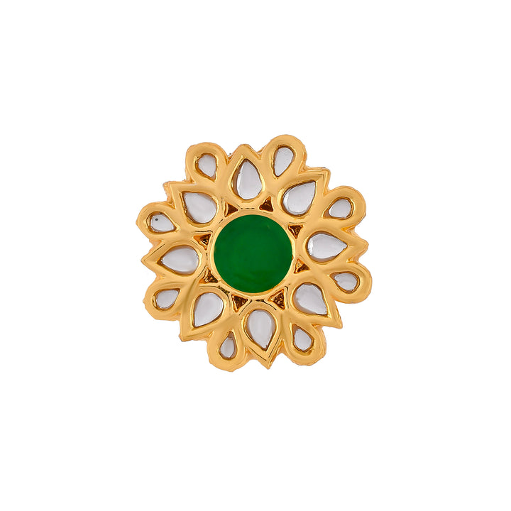 DASTOOR Gold-Plated White  Green Kundan-Studded  Beaded Adjustable Finger Ring