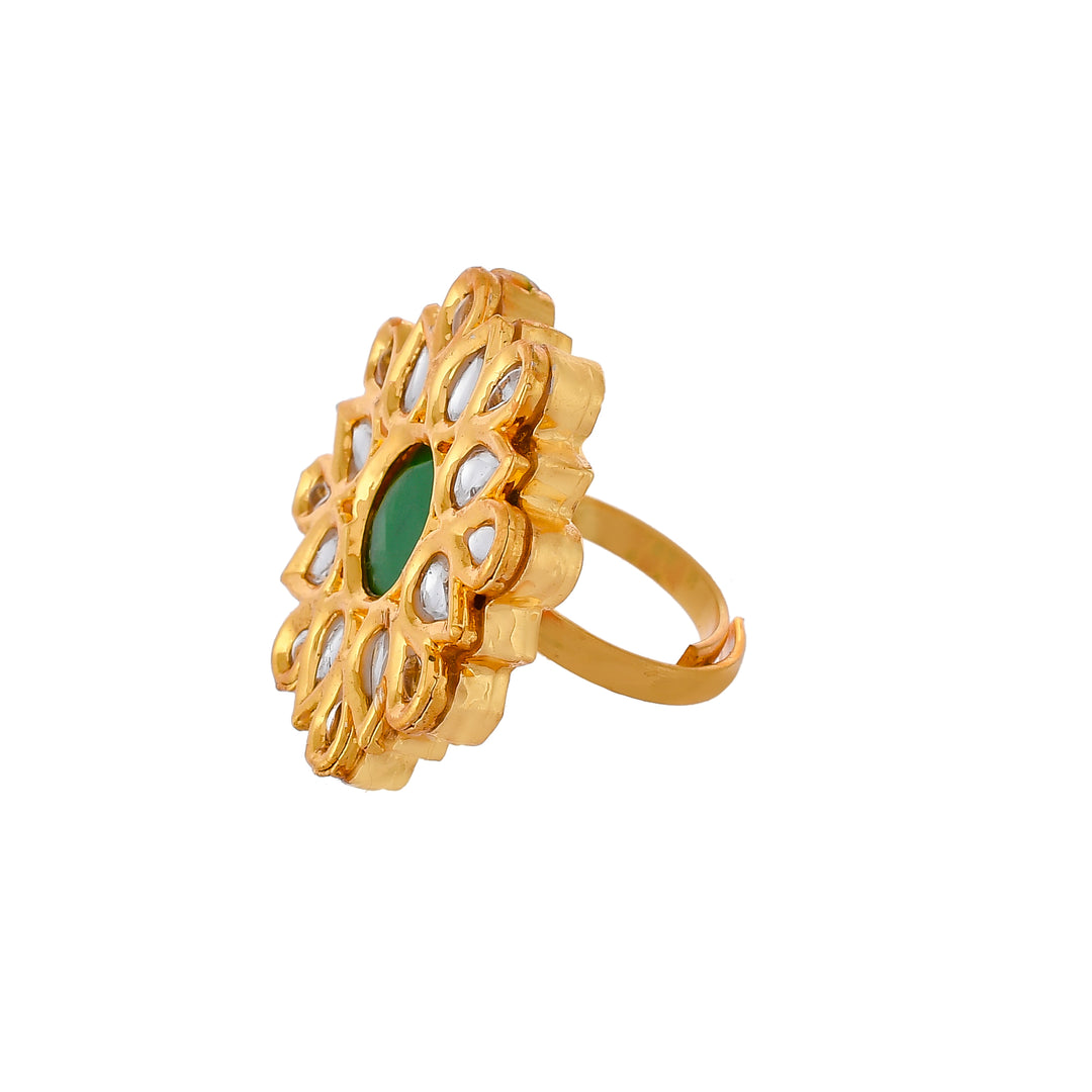 DASTOOR Gold-Plated White  Green Kundan-Studded  Beaded Adjustable Finger Ring