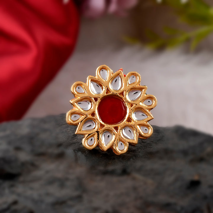 DASTOOR Gold-Plated  Toned Red Kundan Studded Adjustable Ring