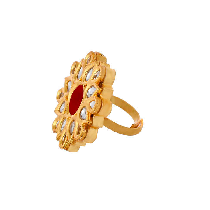 DASTOOR Gold-Plated  Toned Red Kundan Studded Adjustable Ring
