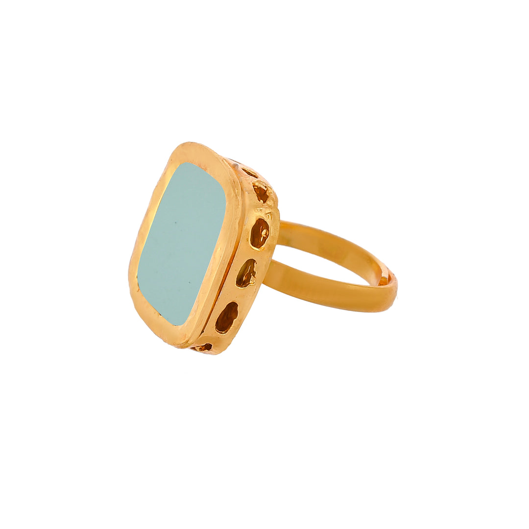 DASTOOR Gold-Plated Sea-Green Kundan Studded Meenakari Adjustable Finger Ring