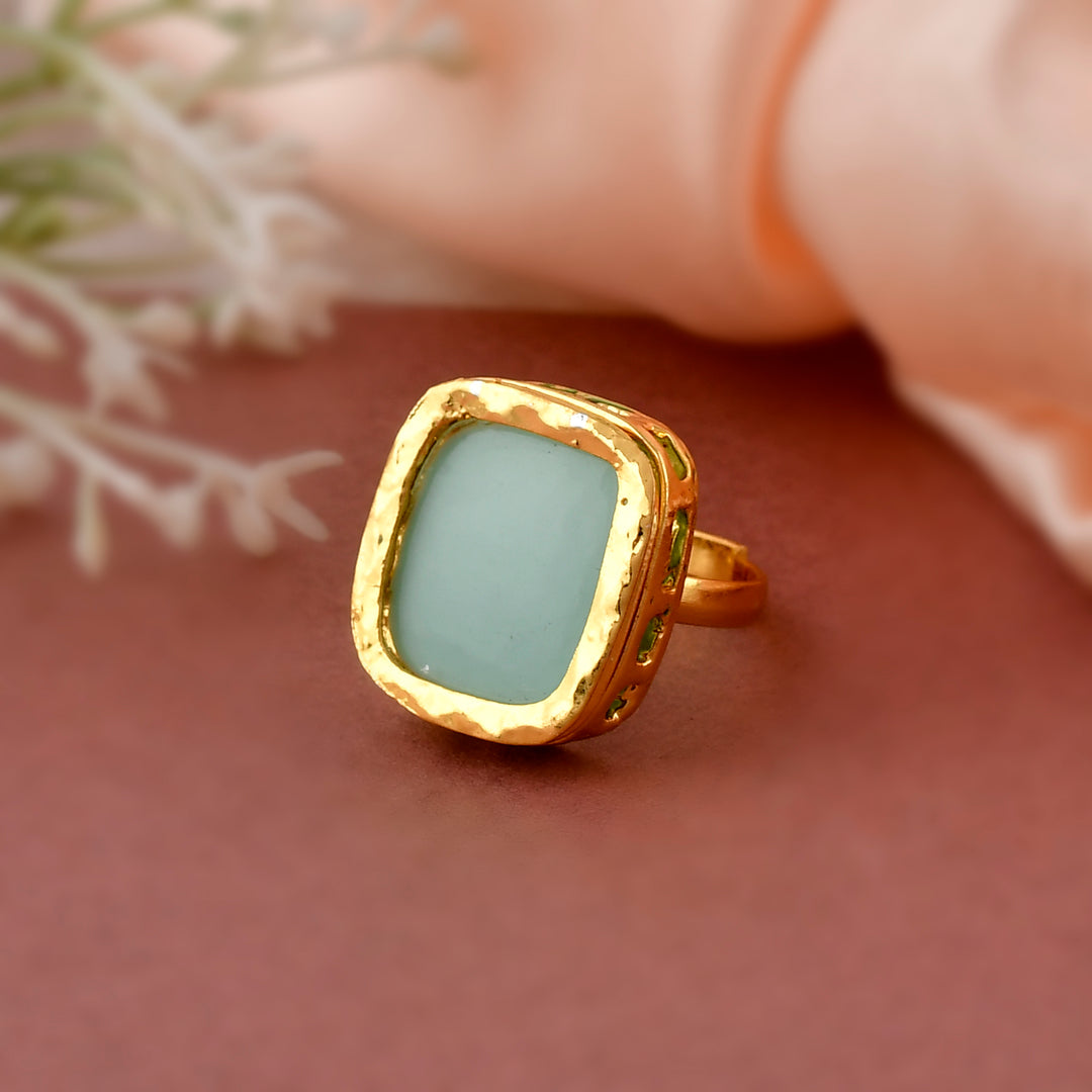DASTOOR Gold-Plated Sea-Green Kundan Studded Meenakari Adjustable Finger Ring